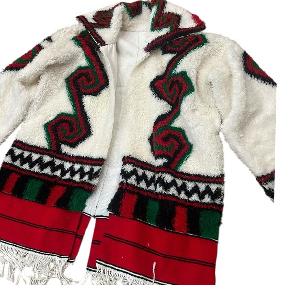 Rare Vintage Aztec Style Tapestry Fringe Coat Rawang Mens Coat / XL - - Picture 2 of 4